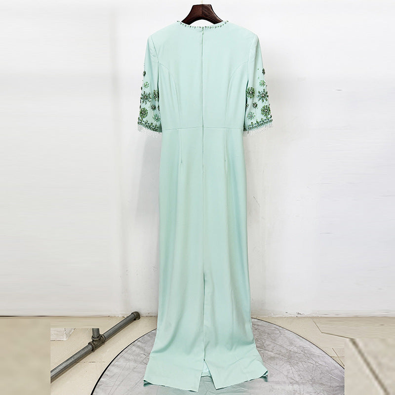 Verdant Grace Beaded Mid-Sleeve Gown