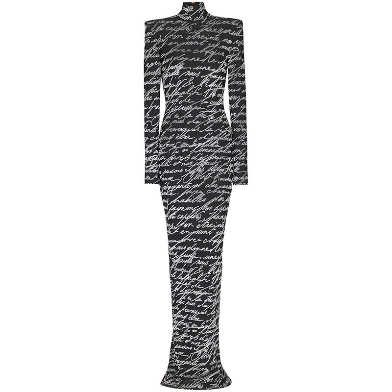 Script Print Long-Sleeve Bodycon Maxi Dress