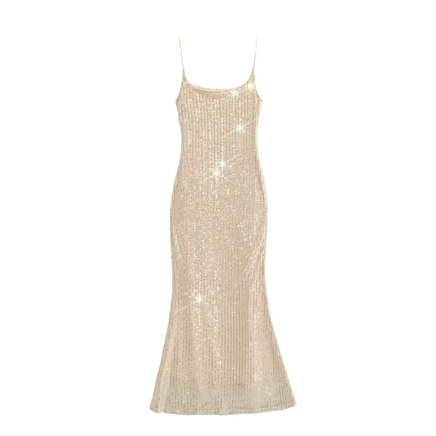 Sequined spaghetti-strap column dress, sheer hem