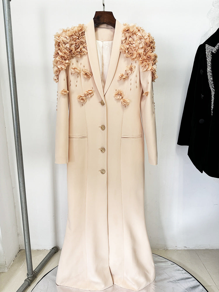 Elegant Floral Appliqué Longline Blazer Dress