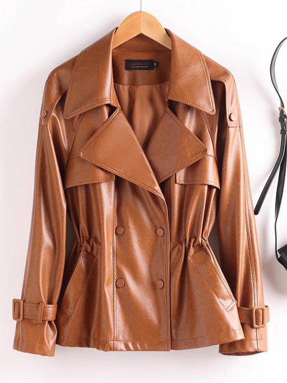 Double-Breasted Leather Jacket with Cinched Waist