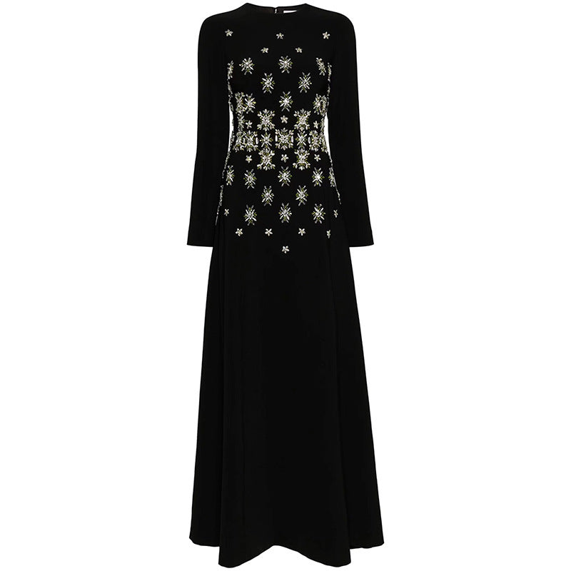 Black Crystal Starburst Long-Sleeve Evening Gown