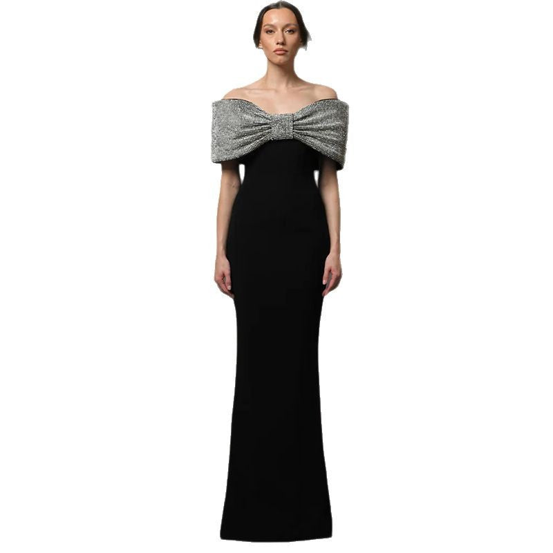 Black Off-Shoulder Column Gown with Crystal Bow
