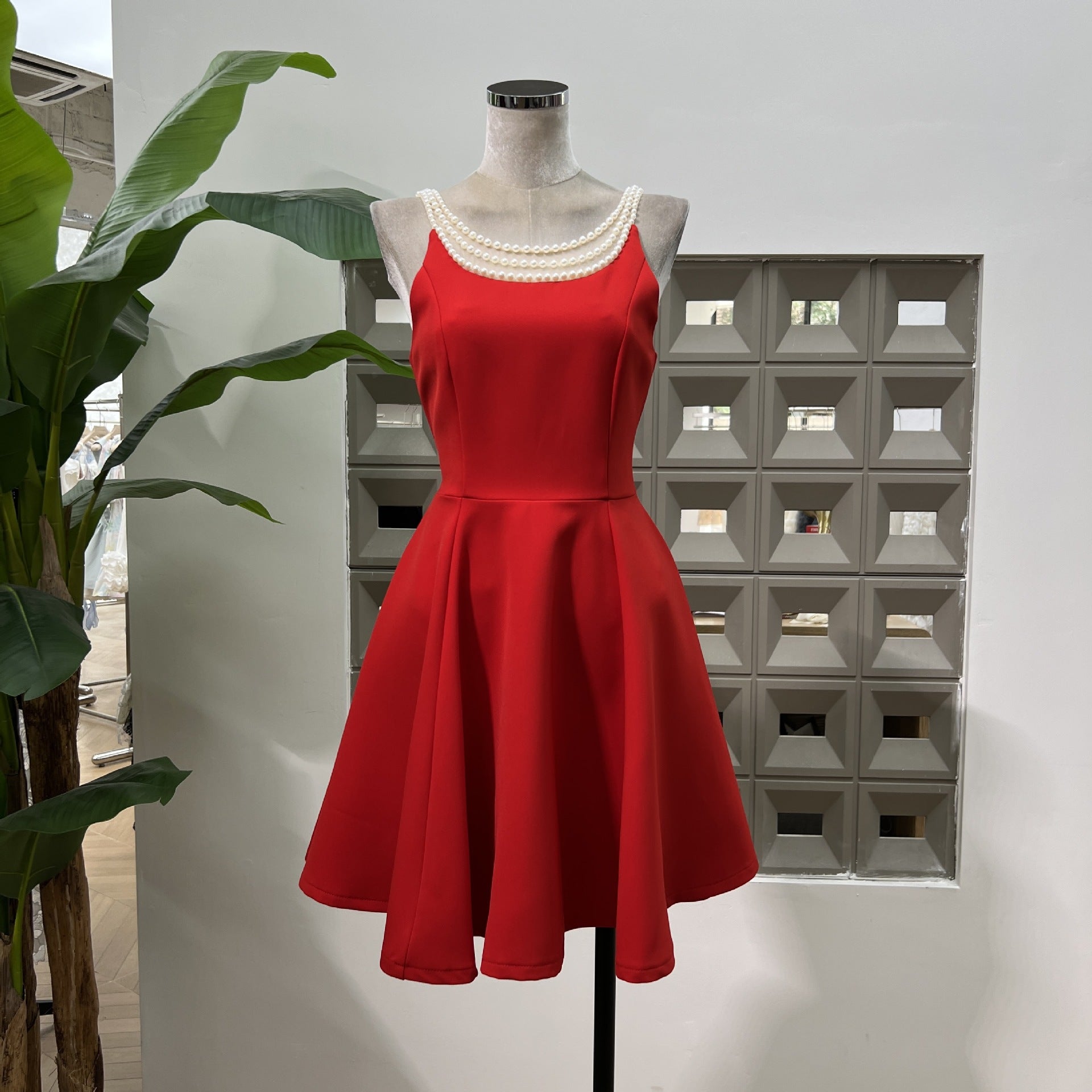 Pearl Neckline Fit-and-Flare Mini Dress