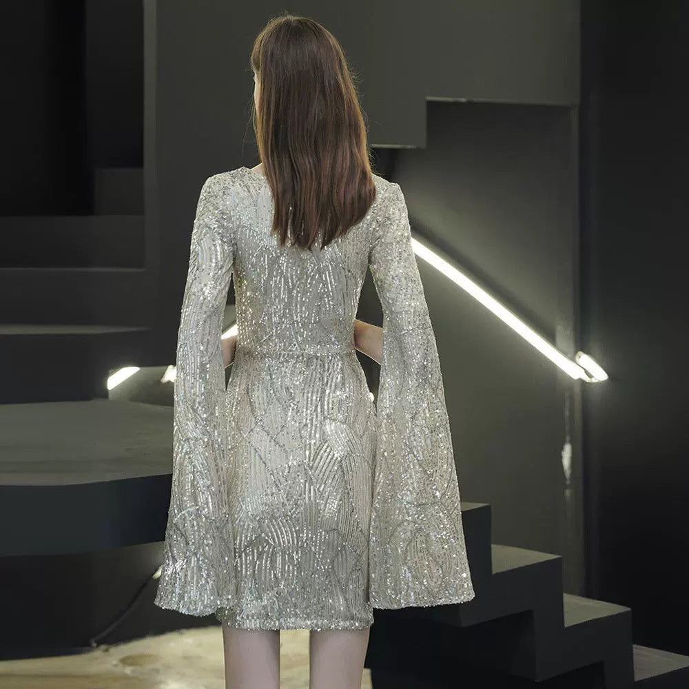 Sequined Cape-Sleeve Cocktail Dress