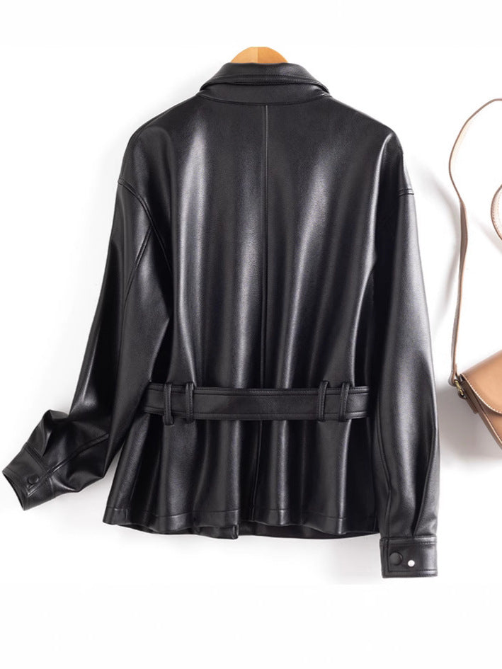 Belted Faux Leather Utility Shirt Jacket