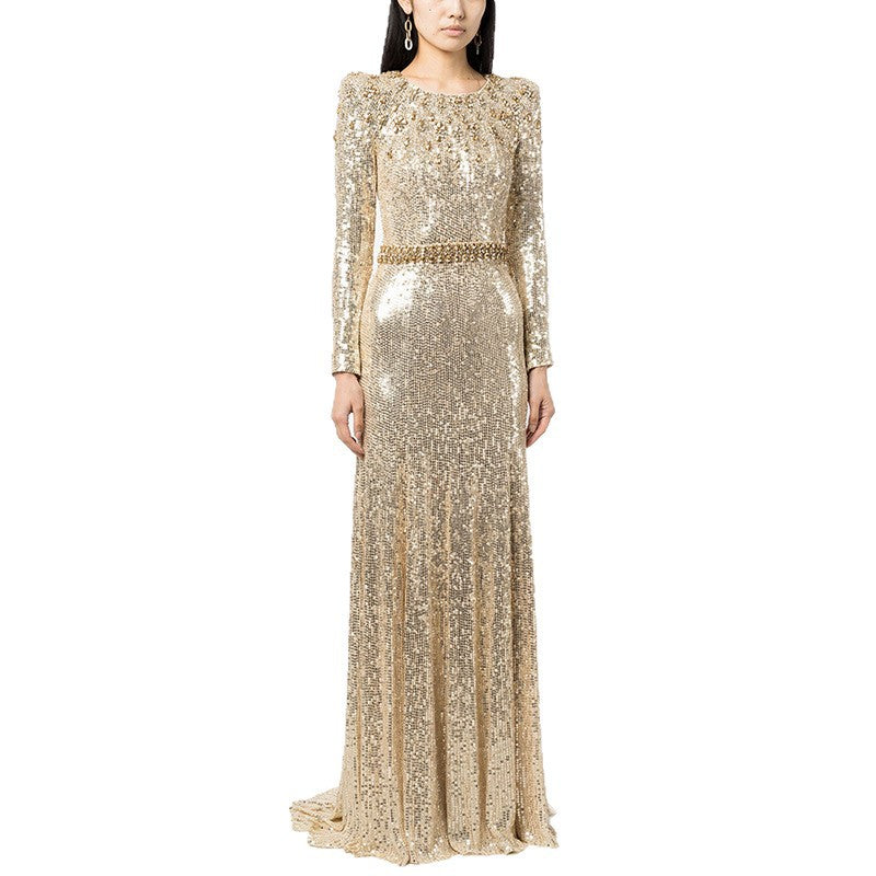 Black Sequin Long-Sleeve Mermaid Evening Gown