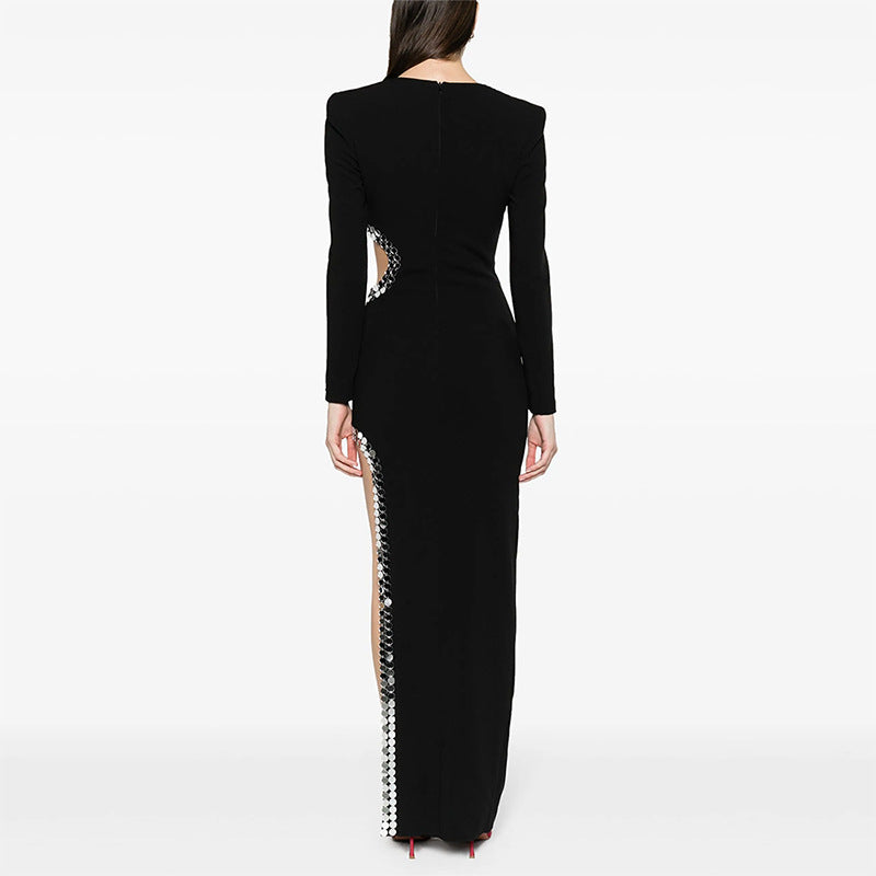 Black Cutout Gown with Sequin-Trim Slit