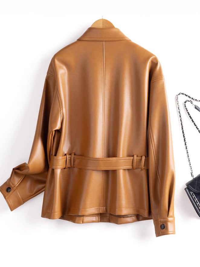 Belted Faux Leather Utility Shirt Jacket