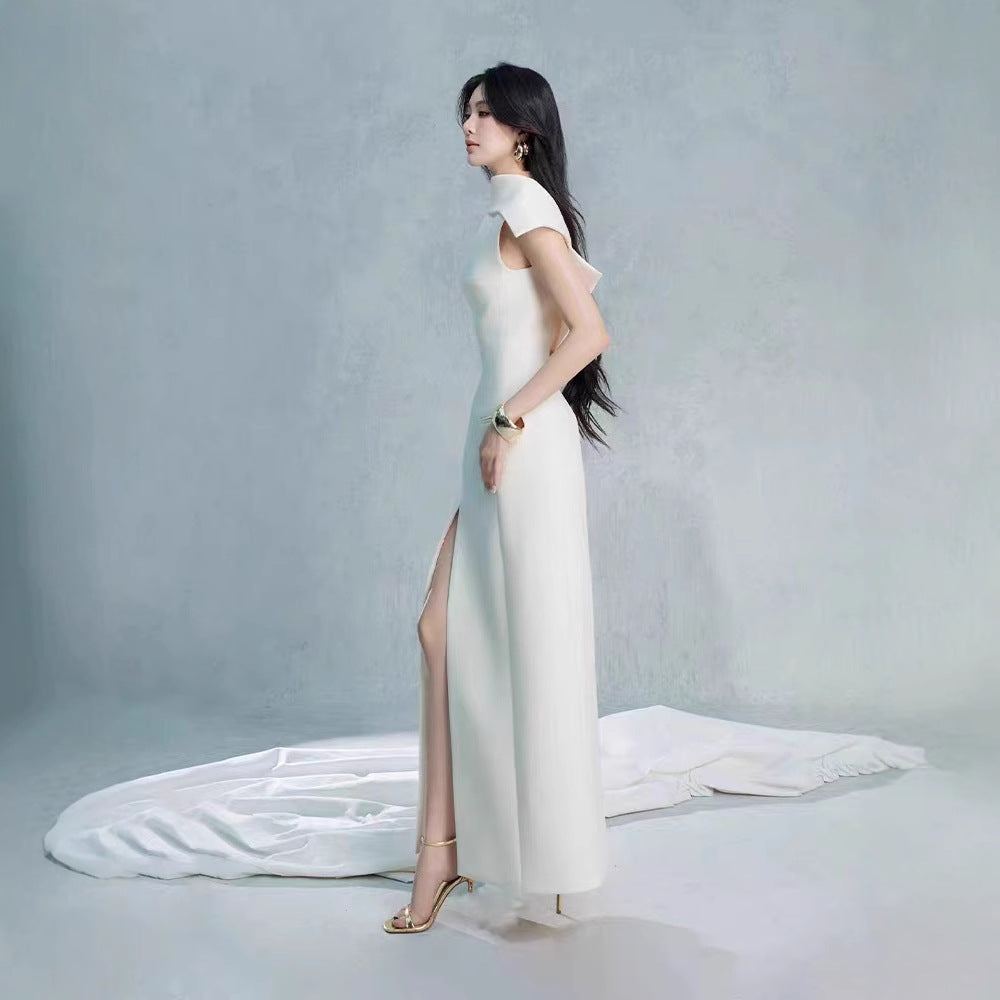 Sleeveless Asymmetric-Neck Slit Dress