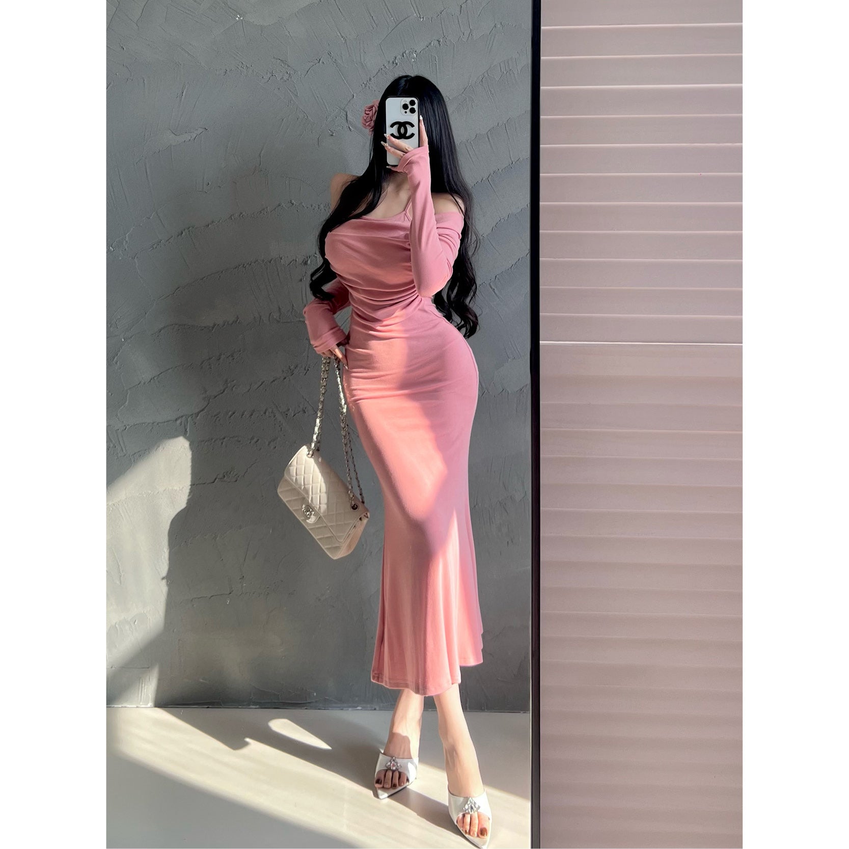 Off-Shoulder Ruched Bodycon Mermaid Midi Dress