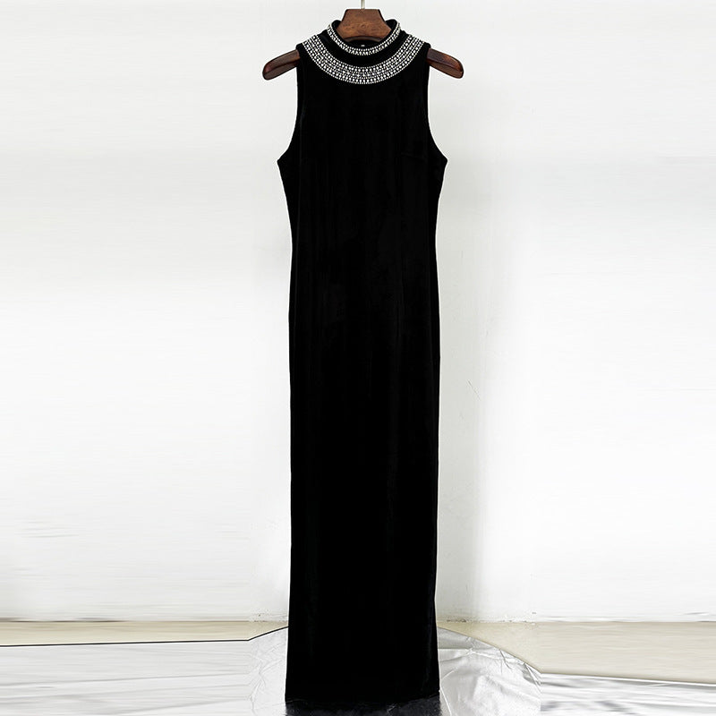 Velvet Eclipse Beaded Halter-Backless Gown