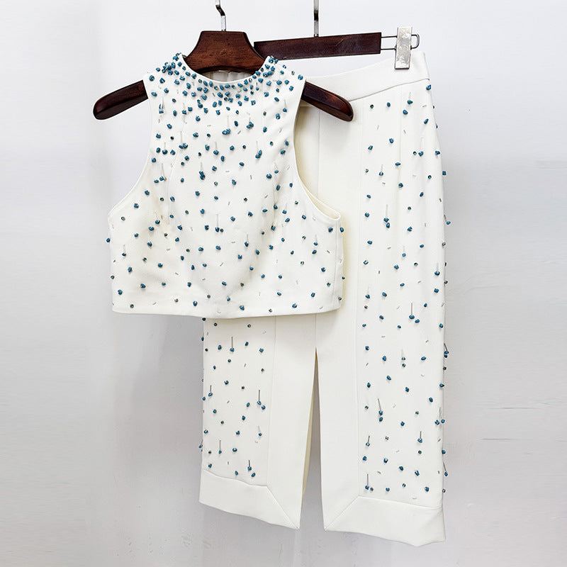 Turquoise Crystal Studded Crop Vest Skirt Set