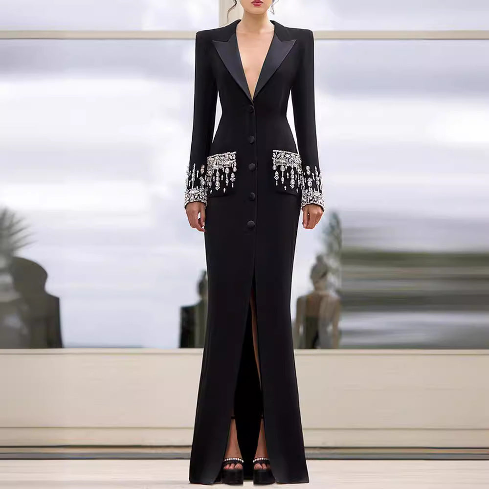 Crystal Beaded Tuxedo-Collar Mermaid Gown