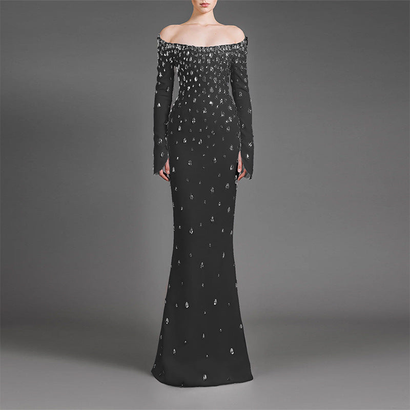Off-Shoulder Crystal-Drop Column Evening Gown