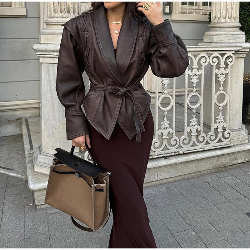 Elegant Cinched-Waist Jacket with Draped Lapels