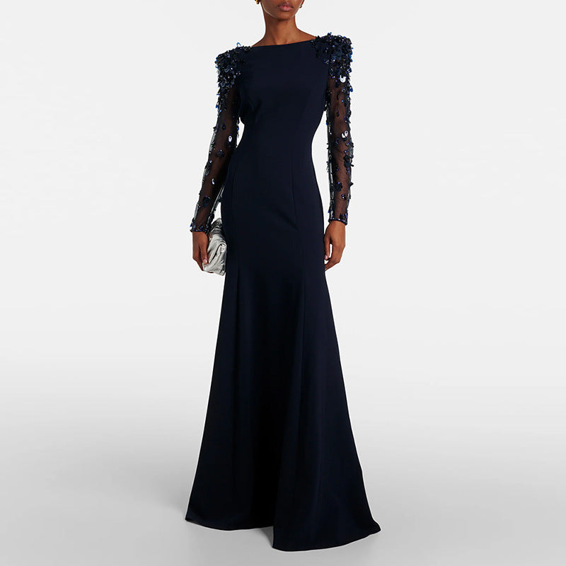 Ethereal Navy Bloom Mesh and Sequin Gown