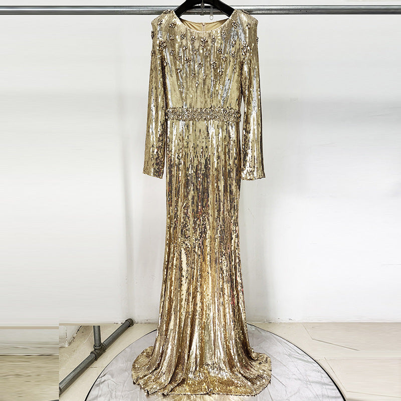 Black Sequin Long-Sleeve Mermaid Evening Gown
