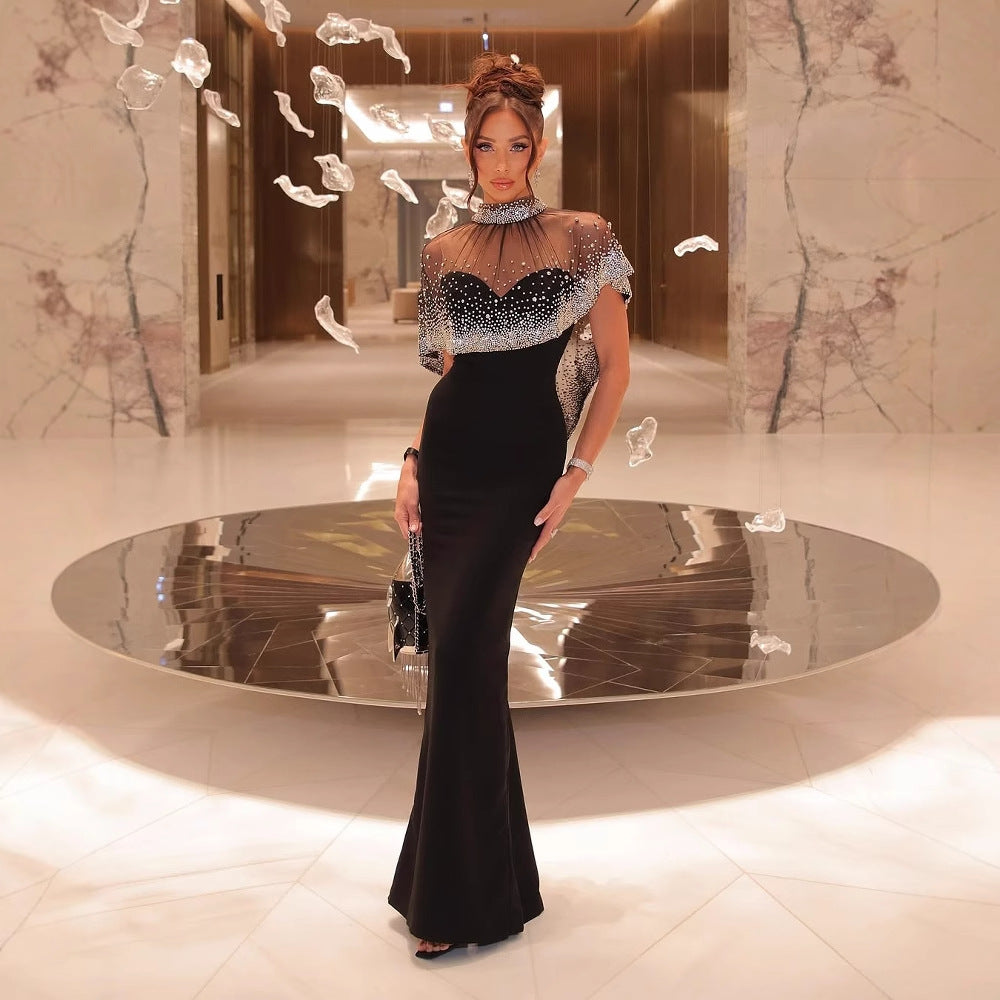 Majestic Black Sheer Neckline Glamour Dress