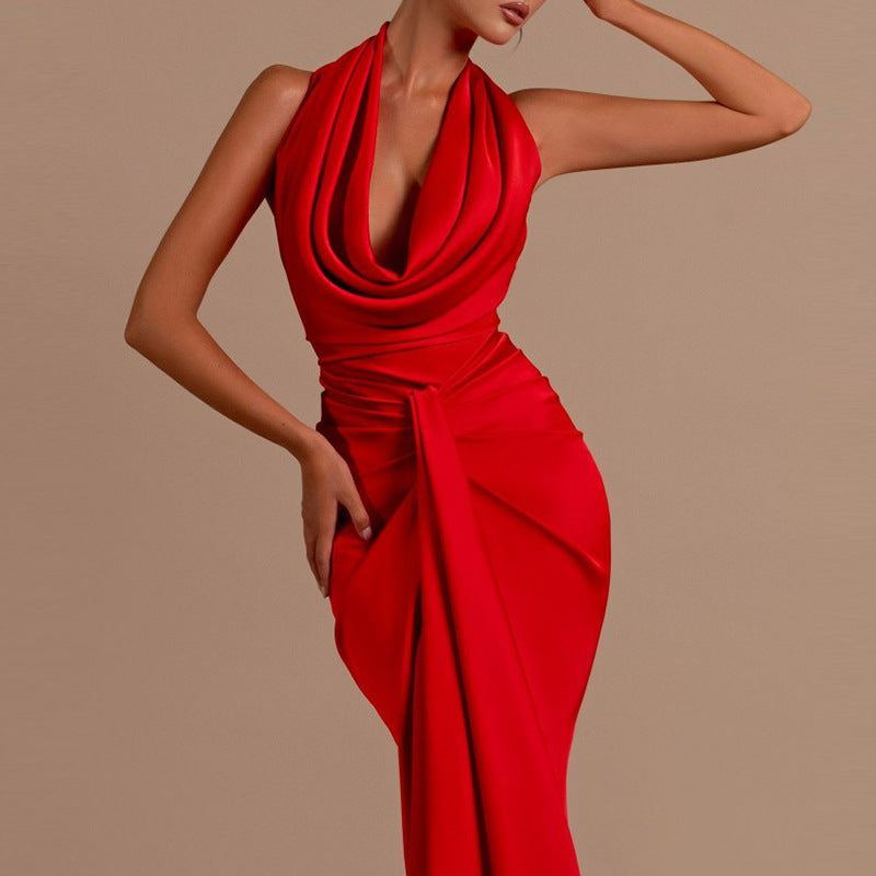 Lucienne Drape Cowl Neck Halter Gown