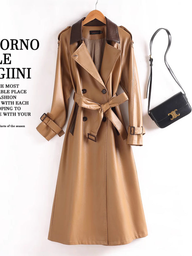 Longline Contrast-Collar Belted Leather Trench Coat