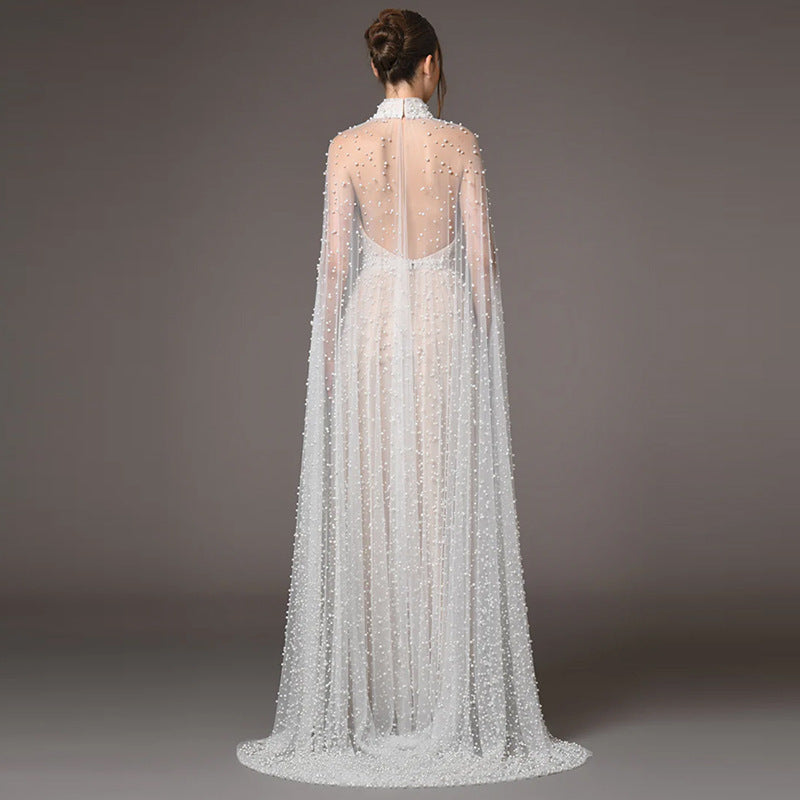 Celestial Veil Pearl-Embroidered Mesh Gown
