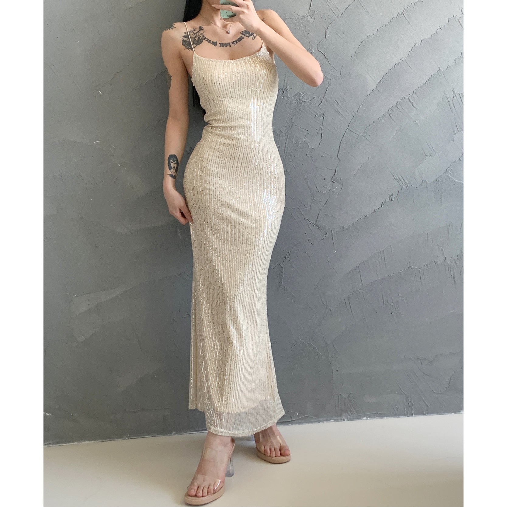 Sequined spaghetti-strap column dress, sheer hem