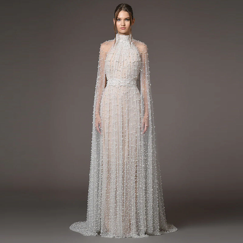Celestial Veil Pearl-Embroidered Mesh Gown