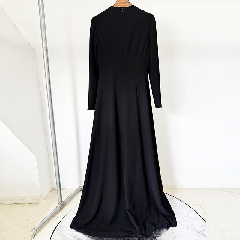 Black Crystal Starburst Long-Sleeve Evening Gown