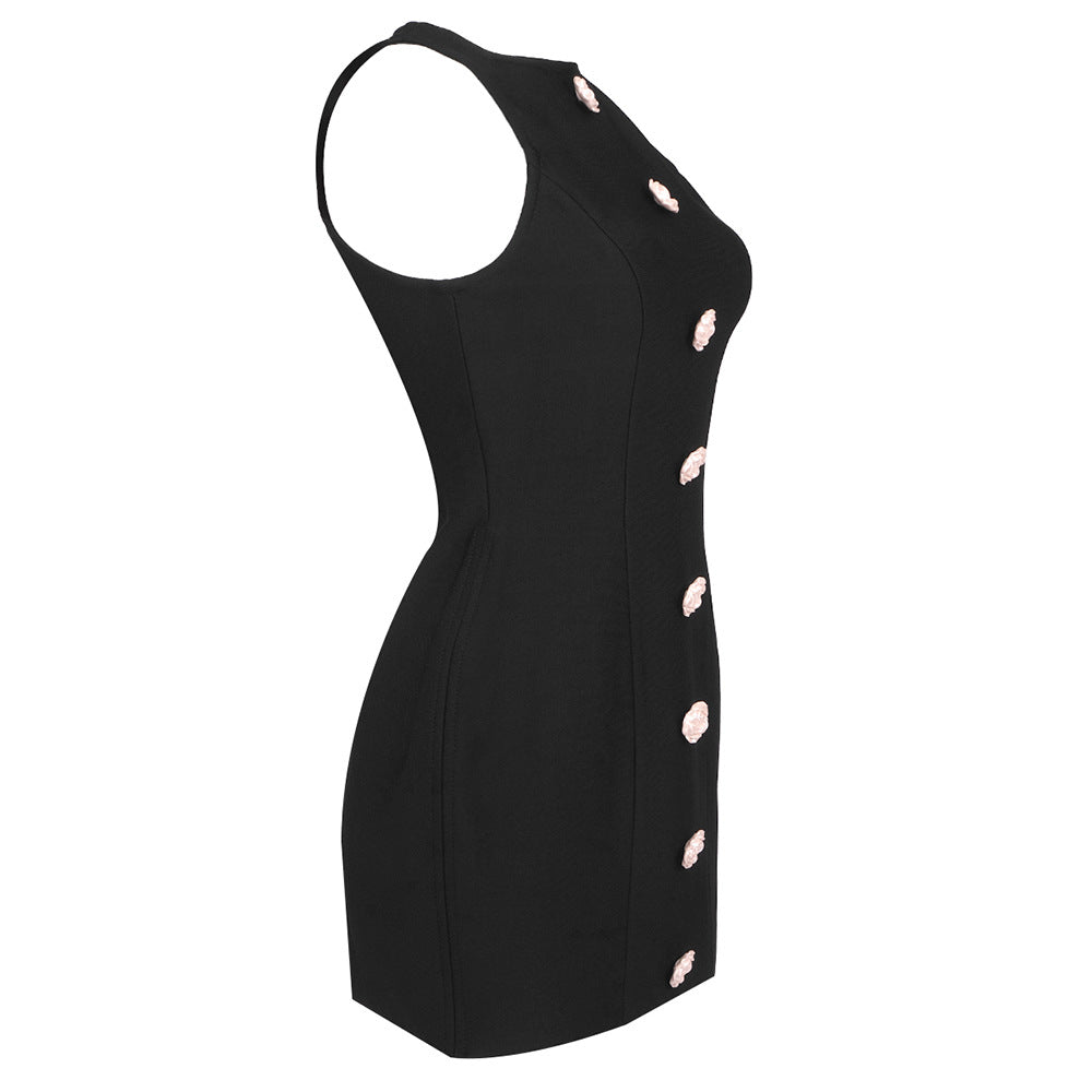 Side view with row of rose-shaped resin buttons