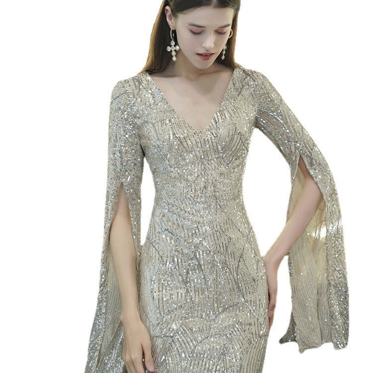 Sequined Cape-Sleeve Cocktail Dress