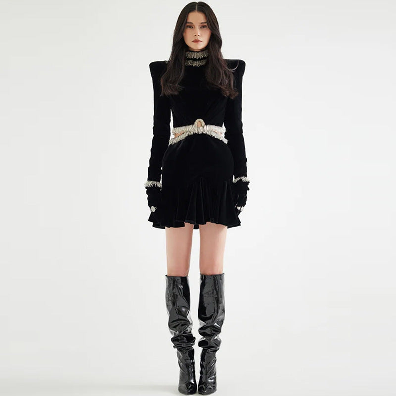 Midnight Power  Structured Velvet Fringe Dress