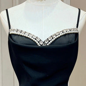 Black Crystal-Pearl Sweetheart Strappy Mini Dress