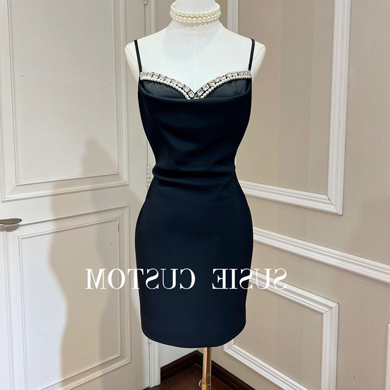 Black Crystal-Pearl Sweetheart Strappy Mini Dress--
