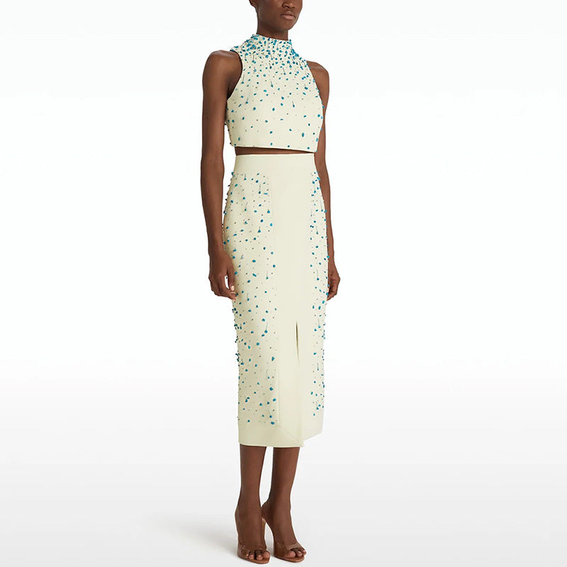 Turquoise Crystal Studded Crop Vest Skirt Set