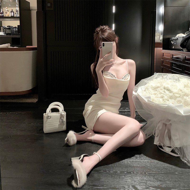Black Crystal-Pearl Sweetheart Strappy Mini Dress--