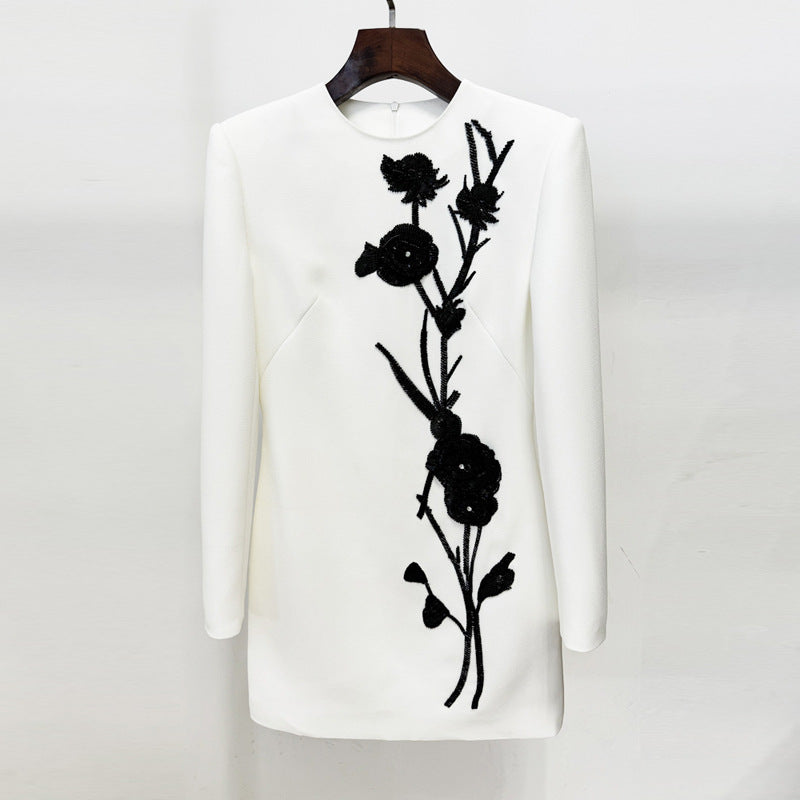 3D Floral Embroidered Long Sleeve Mini Dress