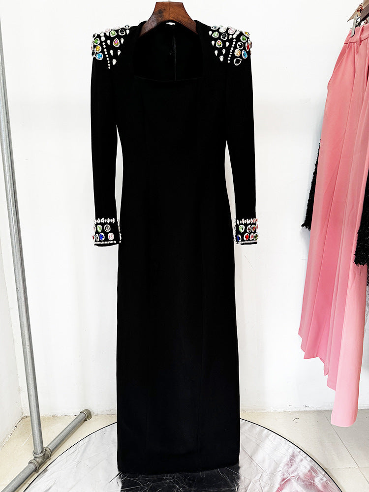 Square Neck Dress with Jeweled Accents
