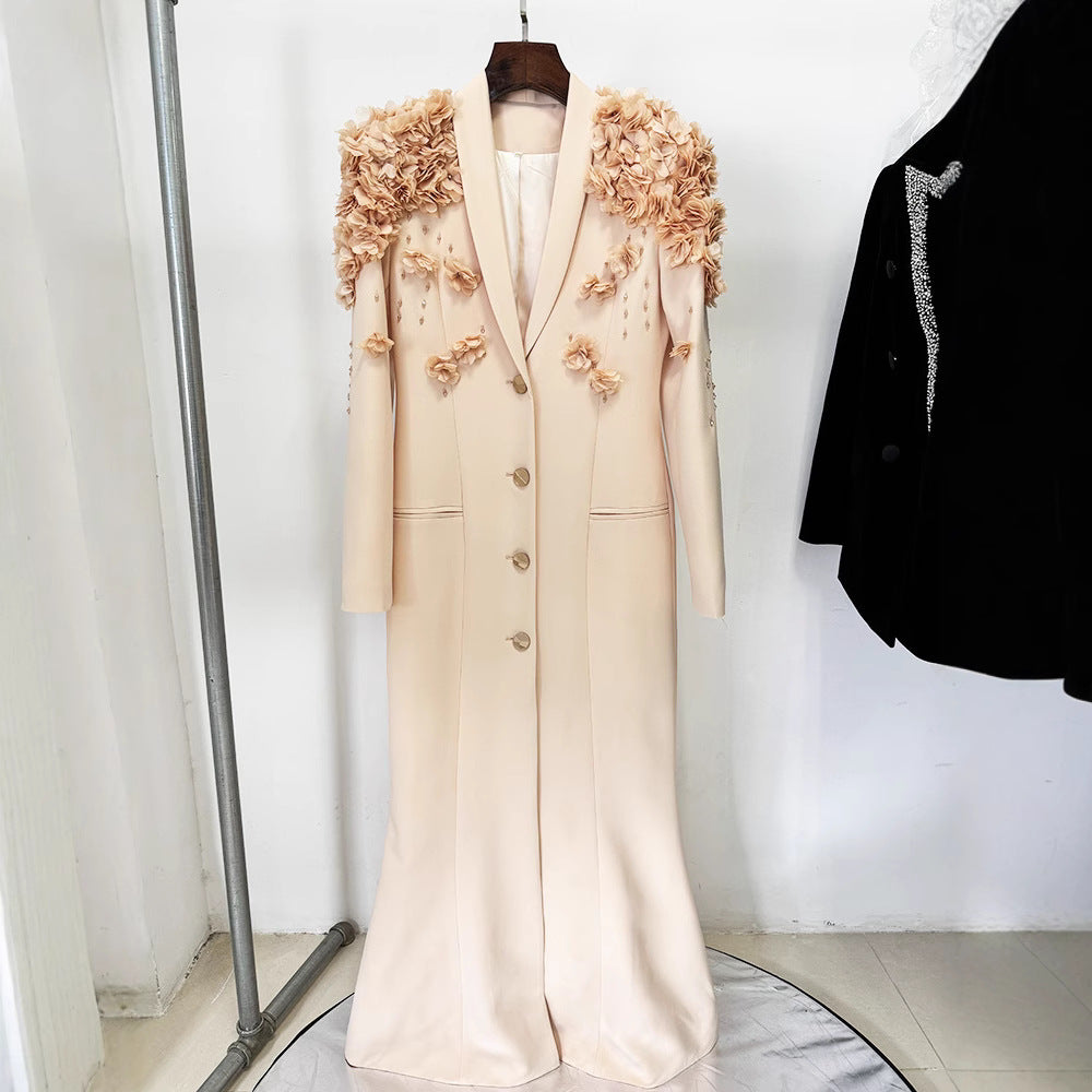 Elegant Floral Appliqué Longline Blazer Dress