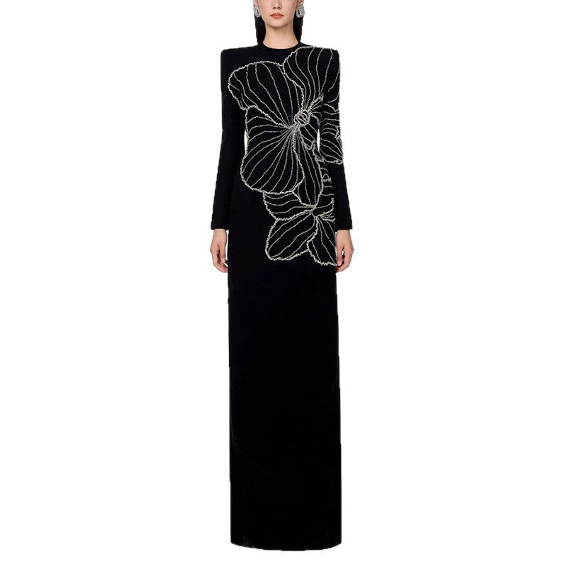 Sculpted Elegance  Floral Embellished Maxi Dress
