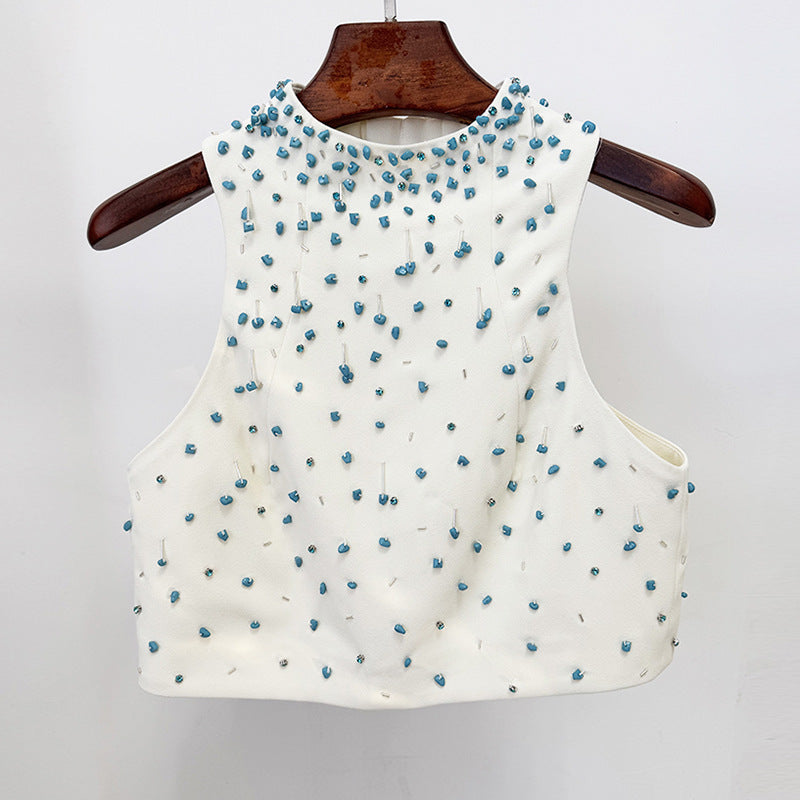 Turquoise Crystal Studded Crop Vest Skirt Set
