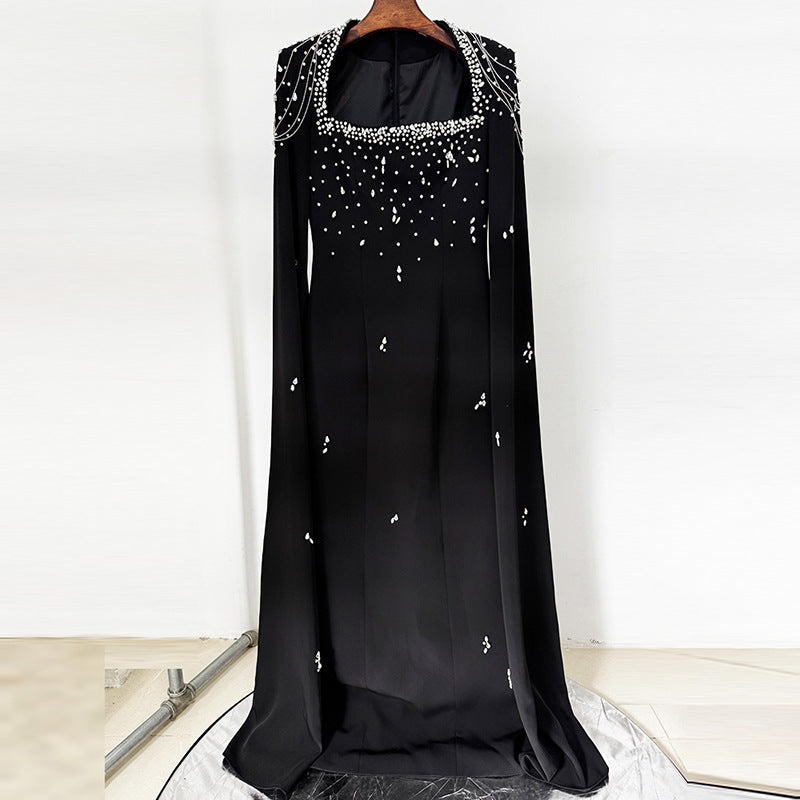 Celestial Chain Embellished black Cape Gown