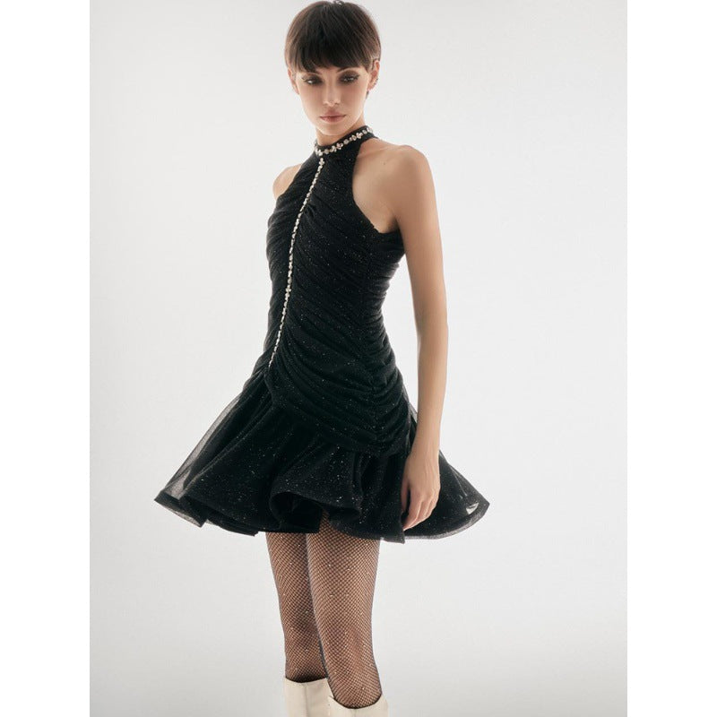 Black-toned mini dress with halter neckline