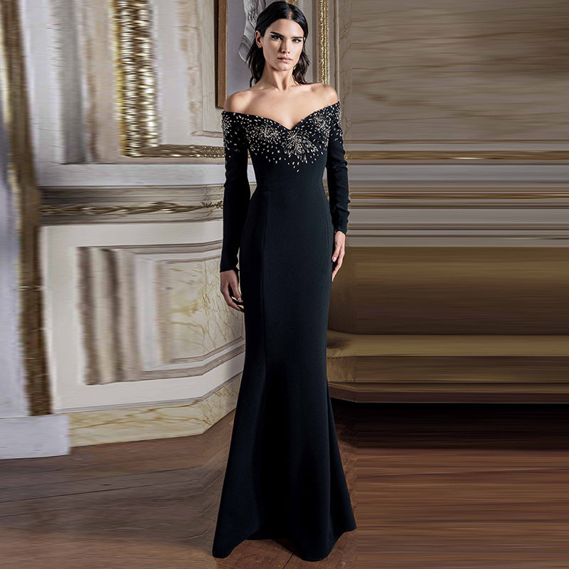 Beaded Off-Shoulder Black Fishtail Gown