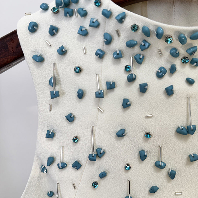 Turquoise Crystal Studded Crop Vest Skirt Set