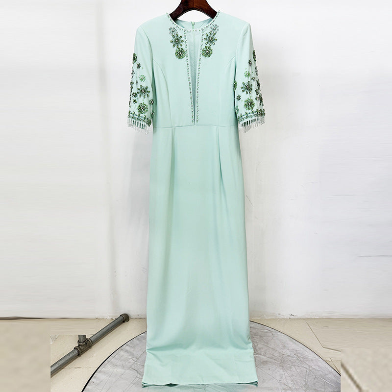 Verdant Grace Beaded Mid-Sleeve Gown