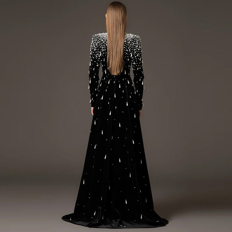 Heavy Pearl Embellished Long Velvet Gown