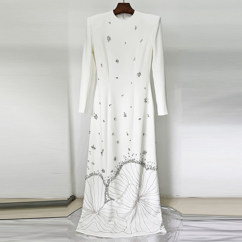 Black Beaded Long Sleeve Evening Gown