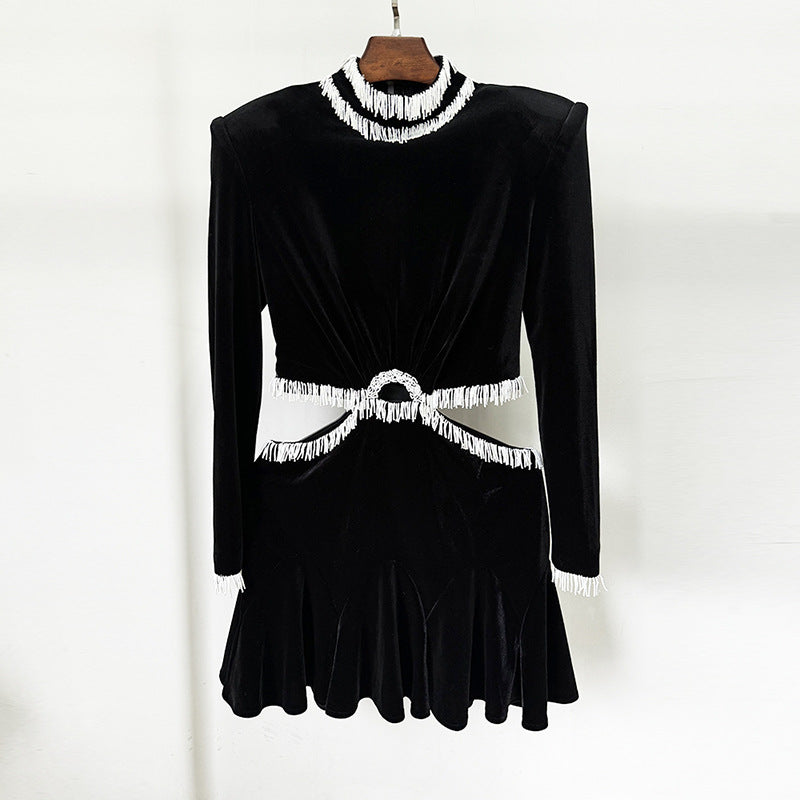 Midnight Power  Structured Velvet Fringe Dress