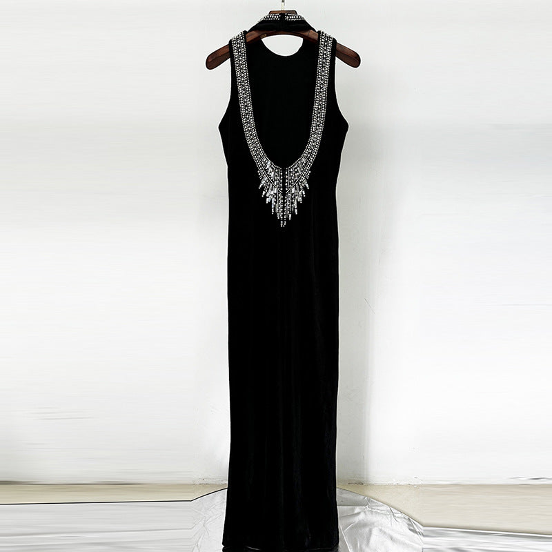 Velvet Eclipse Beaded Halter-Backless Gown